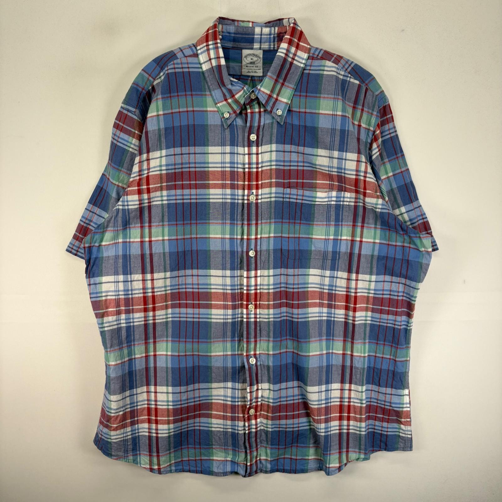 古着 ブルックスブラザーズ Brooks Brothers 半袖シャツ ボタンダウン 胸ポケット XL  ブルー系 チェック メンズ