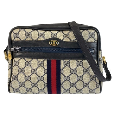 美品 GUCCI グッチ ヴィンテージ シェリーライン グレー ネイビー ゴールド金具 GGスプリームキャンバス レザー/ ショルダーバッグ ポシェット 604312 【中古】