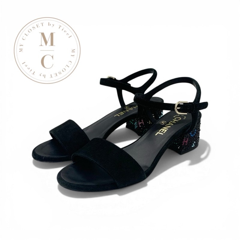 シャネル CHANEL サンダル 靴 シューズ スエード ブラック マルチカラー 黒 ココマーク ラインストーン ストラップ