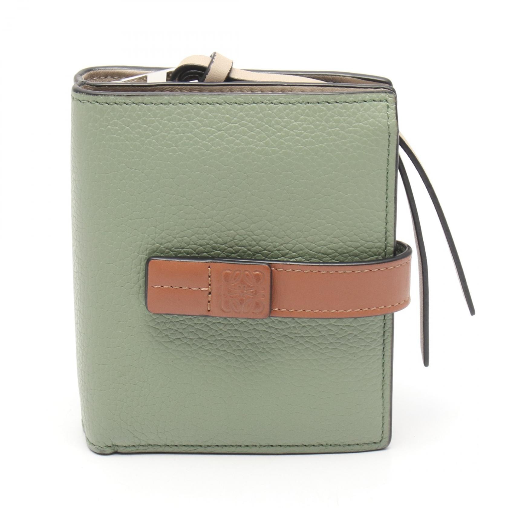 ロエベ LOEWE アナグラム コンパクトジップウォレット 二つ折り財布 財布 レザー レディース グリーン系 / ブラウン系 【中古】