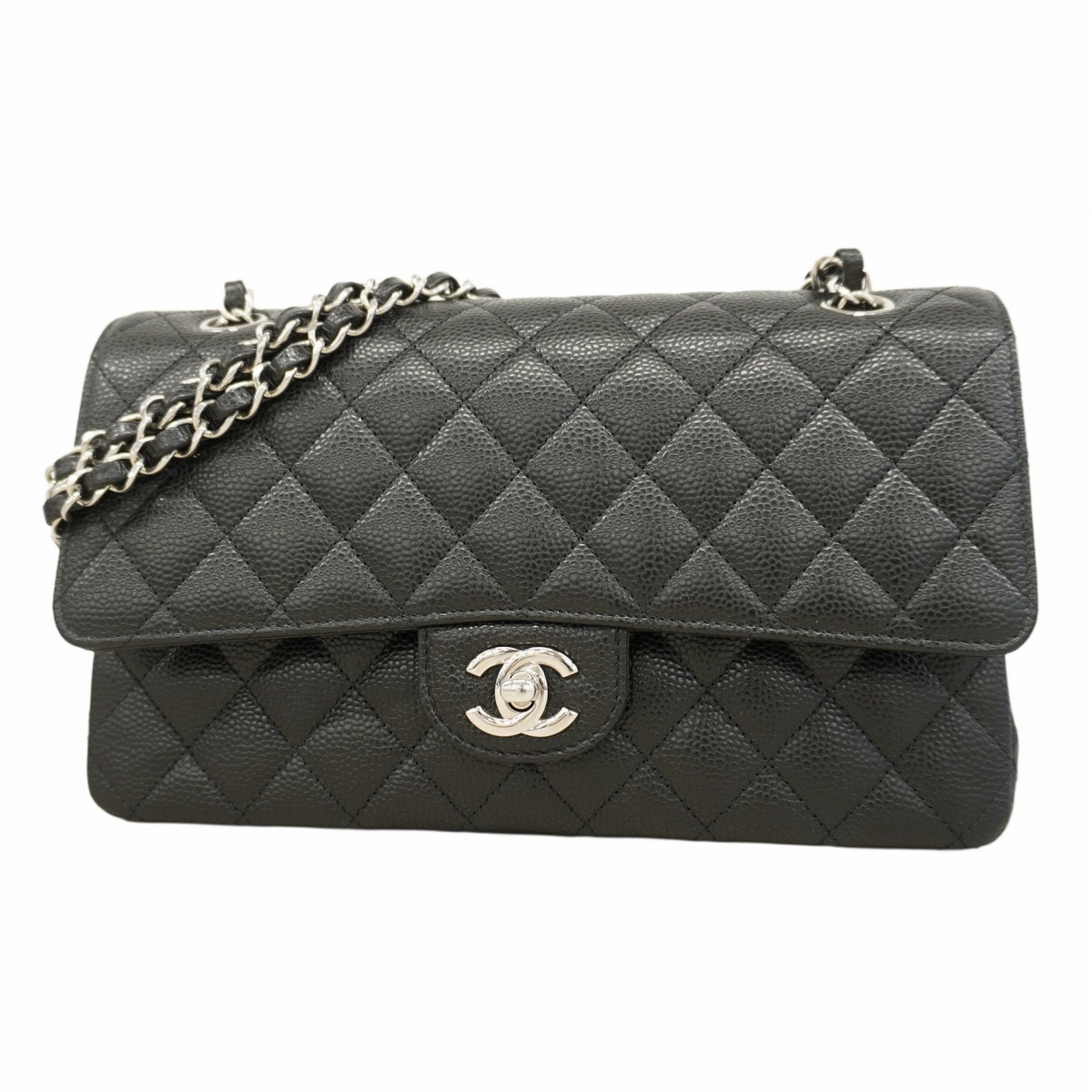 ★最終価格★SALE【6cb1923】シャネル ショルダーバッグ マトラッセ Wフラップ Wチェーン キャビアスキン ブラック シルバー金具【中古】レディース