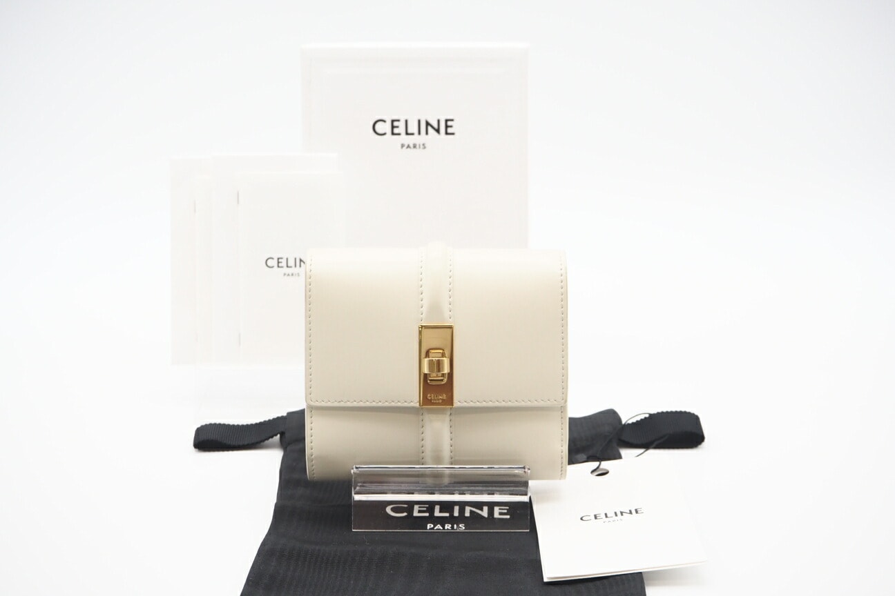 CELINE セリーヌ サテンドカーフスキン スモールトリフォールドウォレット 10F523CQ7.38NO 三つ折り財布 ホワイト サテン レディース