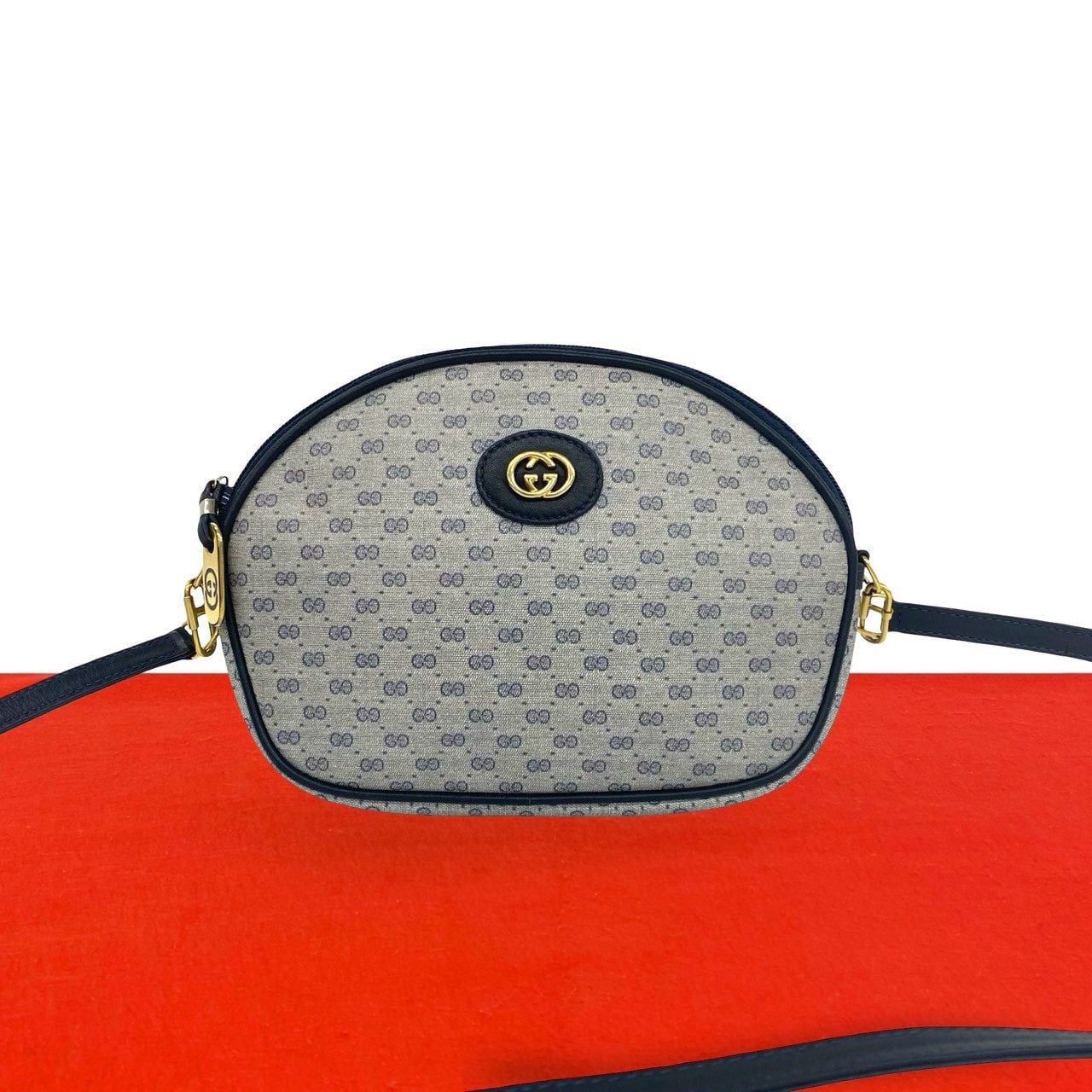 GUCCI グッチ マイクロGG ロゴ 柄 金具 レザー PVC ショルダーバッグ ネイビー
484-8