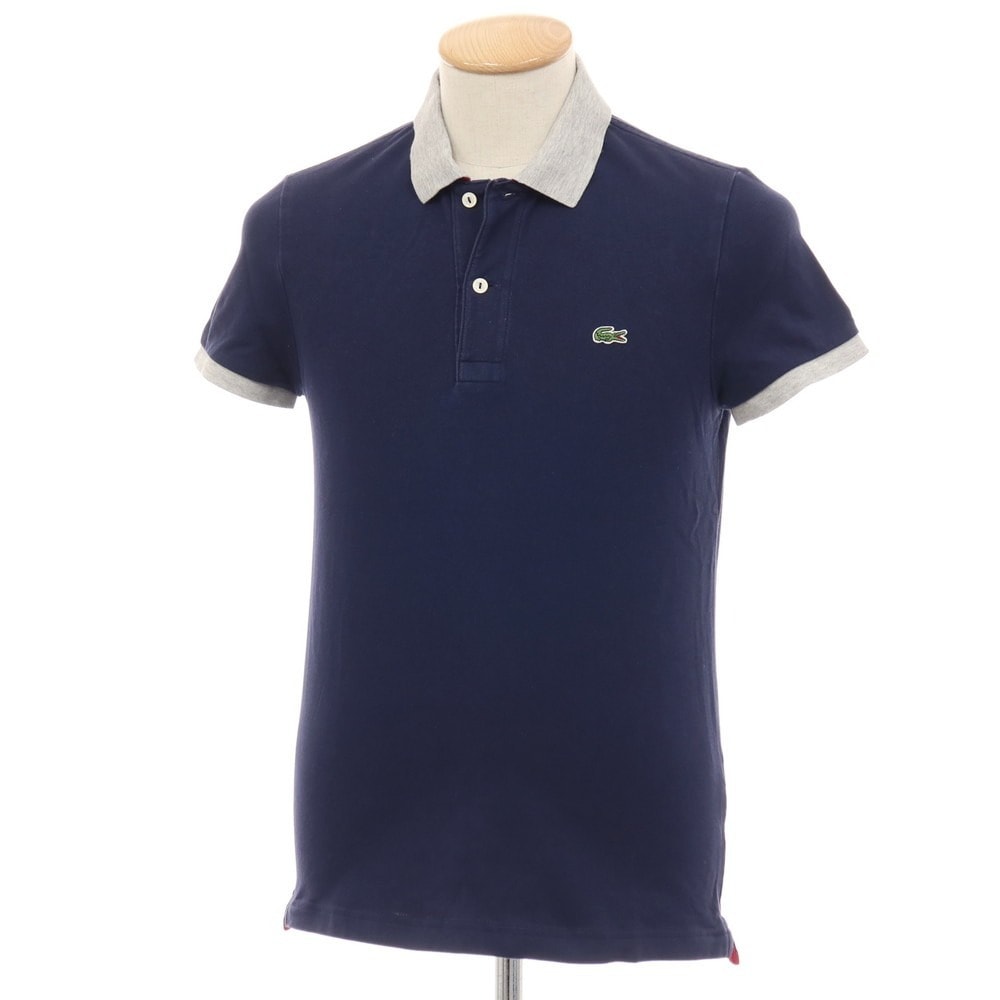 【中古】ラコステ LACOSTE コットンポリウレタン 鹿の子 半袖ポロシャツ ネイビーxライトグレー【サイズ2】【メンズ】