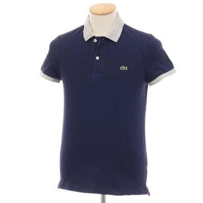【中古】ラコステ LACOSTE コットンポリウレタン 鹿の子 半袖ポロシャツ ネイビーxライトグレー【サイズ2】【メンズ】