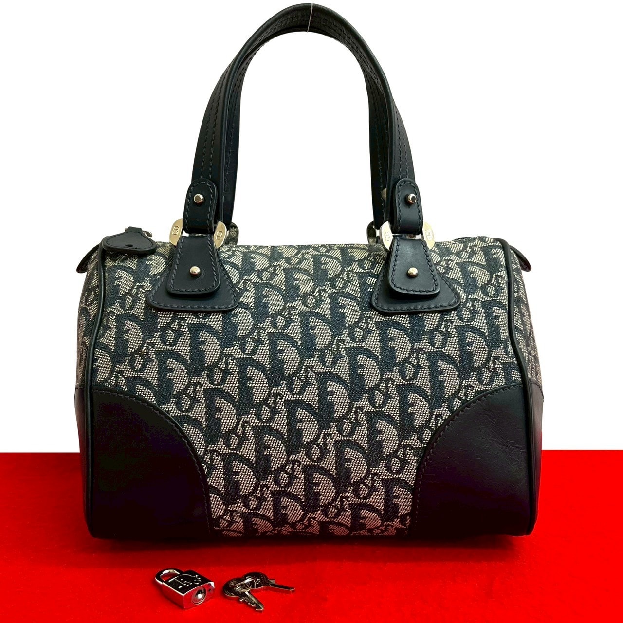 Christian Dior ディオール トロッター柄 キャンバス レザー ハンドバッグ ネイビー
40618