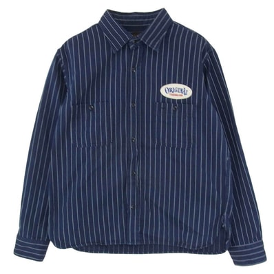 TENDERLOIN テンダーロイン T-G.S SHT SO ワッペン付 コットン ヘリンボーン ストライプ 長袖 ワークシャツ ネイビー系 S【中古】
