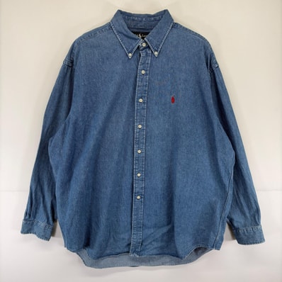 古着 ラルフローレン RALPH LAUREN デニム 長袖シャツ ボタンダウン ワンポイント刺繍ロゴ 大きいサイズ XL ブルー系 メンズ