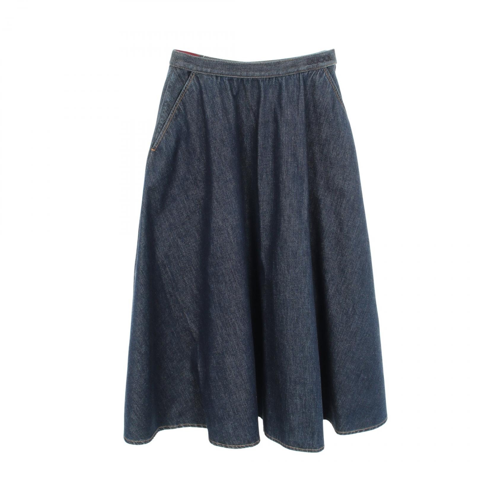 グッチ GUCCI ロゴ フレアスカート スカート 衣料品 ボトムス コットン レディース ネイビー系 797506 【中古】