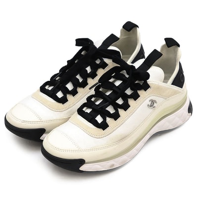 CHANEL シャネル スニーカー サイズ 41 メンズ G35618 COCOマーク ロゴ チャーム レザー スウェード x ラバー ローカット マトラッセ レースアップ シューズ 靴 箱・袋付属 アイボリー ブラック 黒 イタリア製