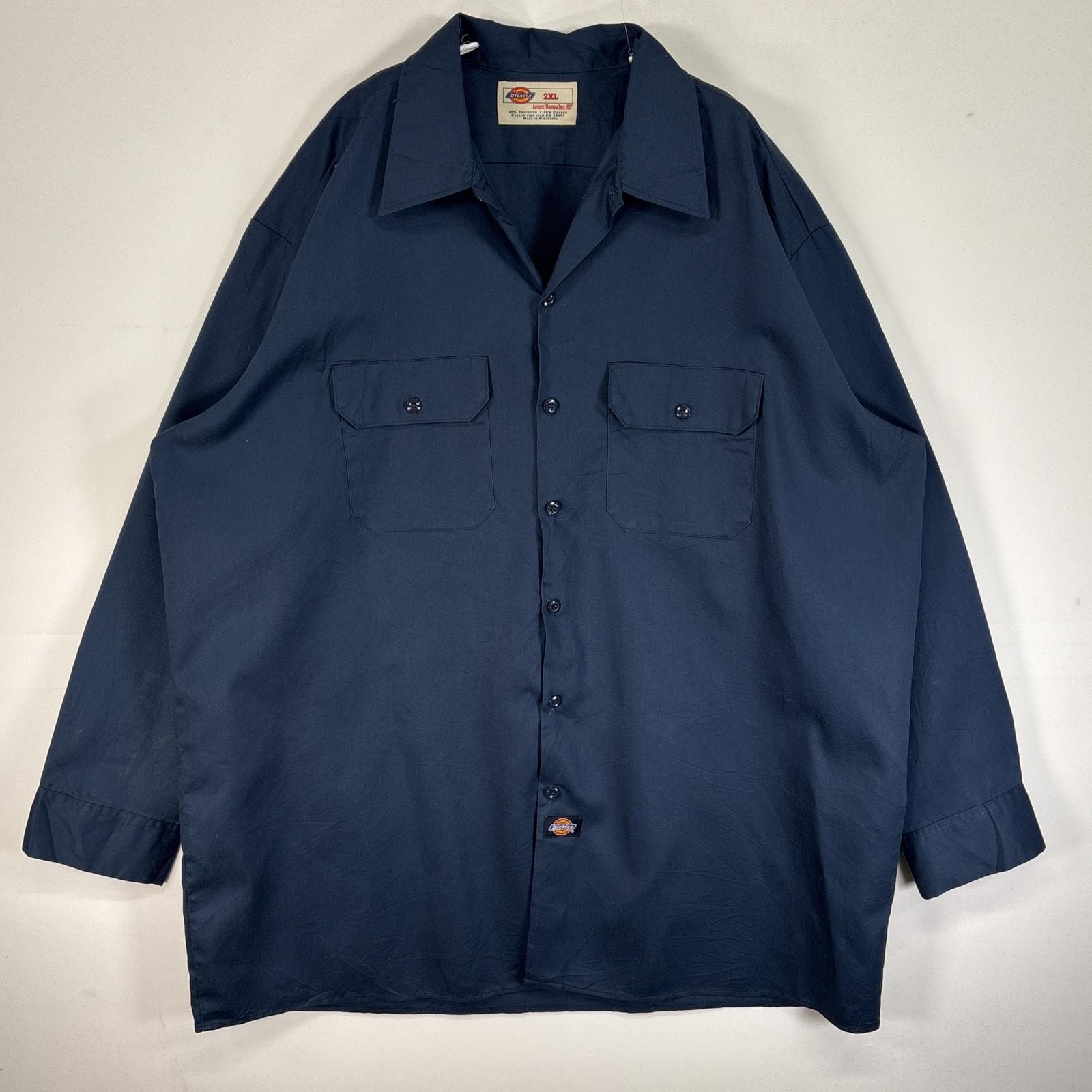 古着 ディッキーズ Dickies 長袖シャツ 作業着 ワーク フラップポケ ワンポイント ロゴ 大きいサイズ 2XL  ネイビー 無地 メンズ