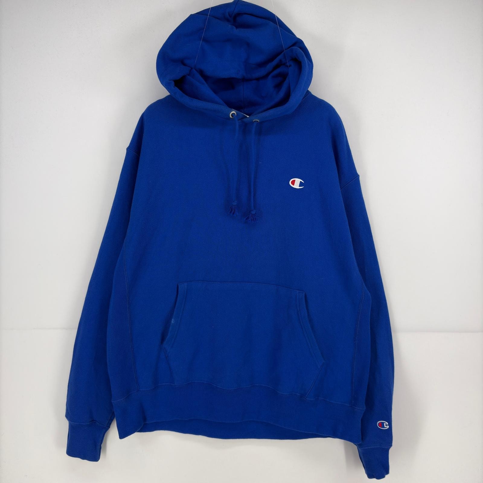古着 チャンピオン Champion パーカー スウェット プルオーバー 刺繍 リバースウィーブ 大きいサイズ ワンポイント XL  ブルー メンズ
