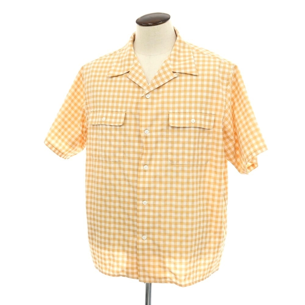 【中古】サタデーズ ニューヨークシティ Saturdays NYC ポリエステルコットンレーヨン ギンガムチェック オープンカラー 半袖シャツ ベージュxホワイト【サイズXL】【メンズ】