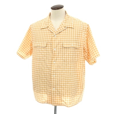 【中古】サタデーズ ニューヨークシティ Saturdays NYC ポリエステルコットンレーヨン ギンガムチェック オープンカラー 半袖シャツ ベージュxホワイト【サイズXL】【メンズ】