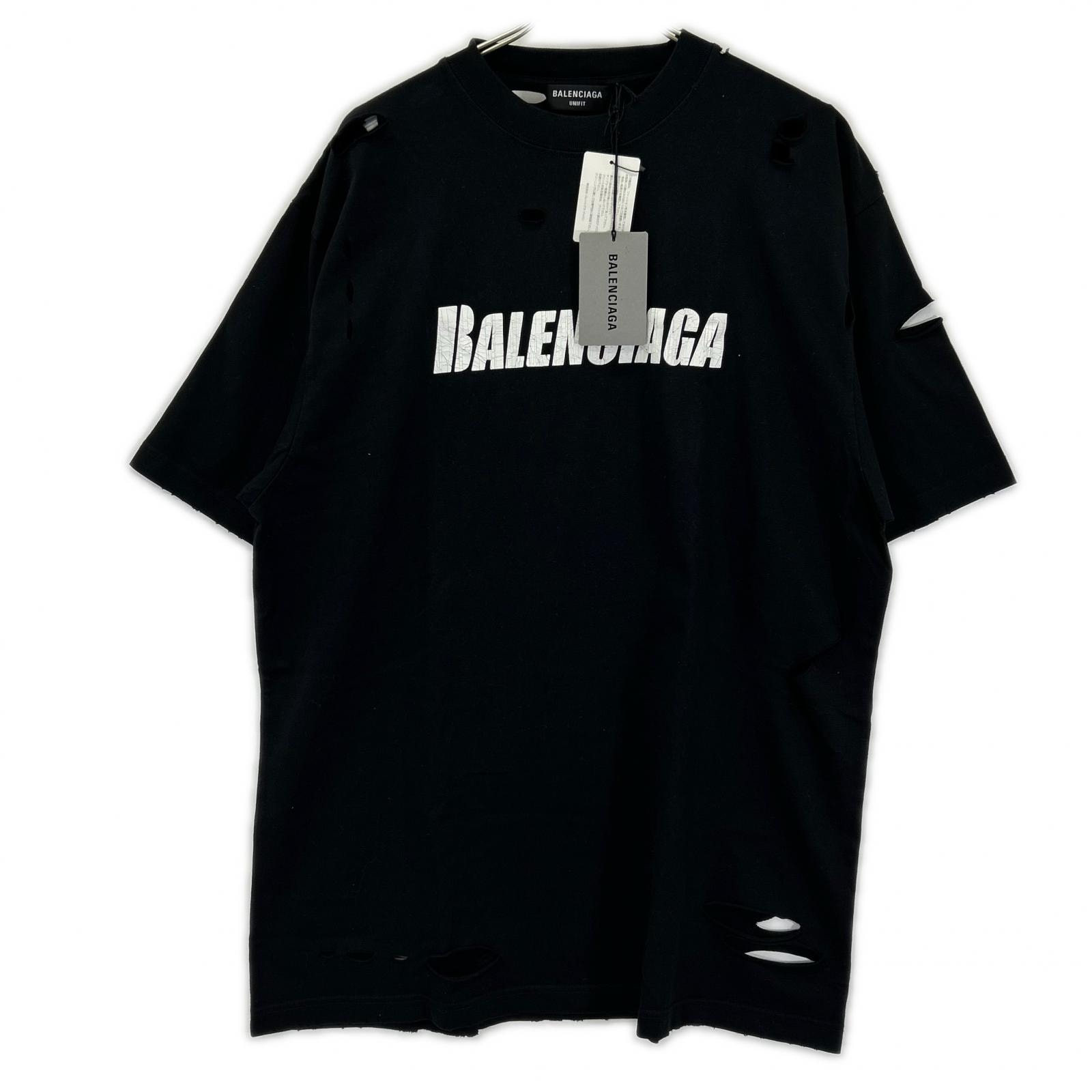 バレンシアガ 21年 651795 ブラック デストロイ加工 Tシャツ XXS