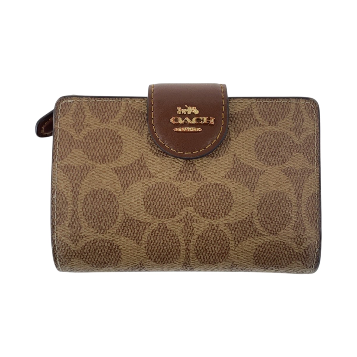 COACH コーチ シグネチャー ベージュ ブラウン ゴールド金具 PVC レザー/ 折財布 コンパクトウォレット 600489 【中古】