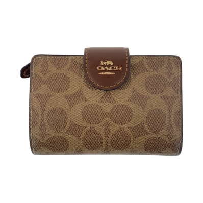 COACH コーチ シグネチャー ベージュ ブラウン ゴールド金具 PVC レザー/ 折財布 コンパクトウォレット 600489 【中古】