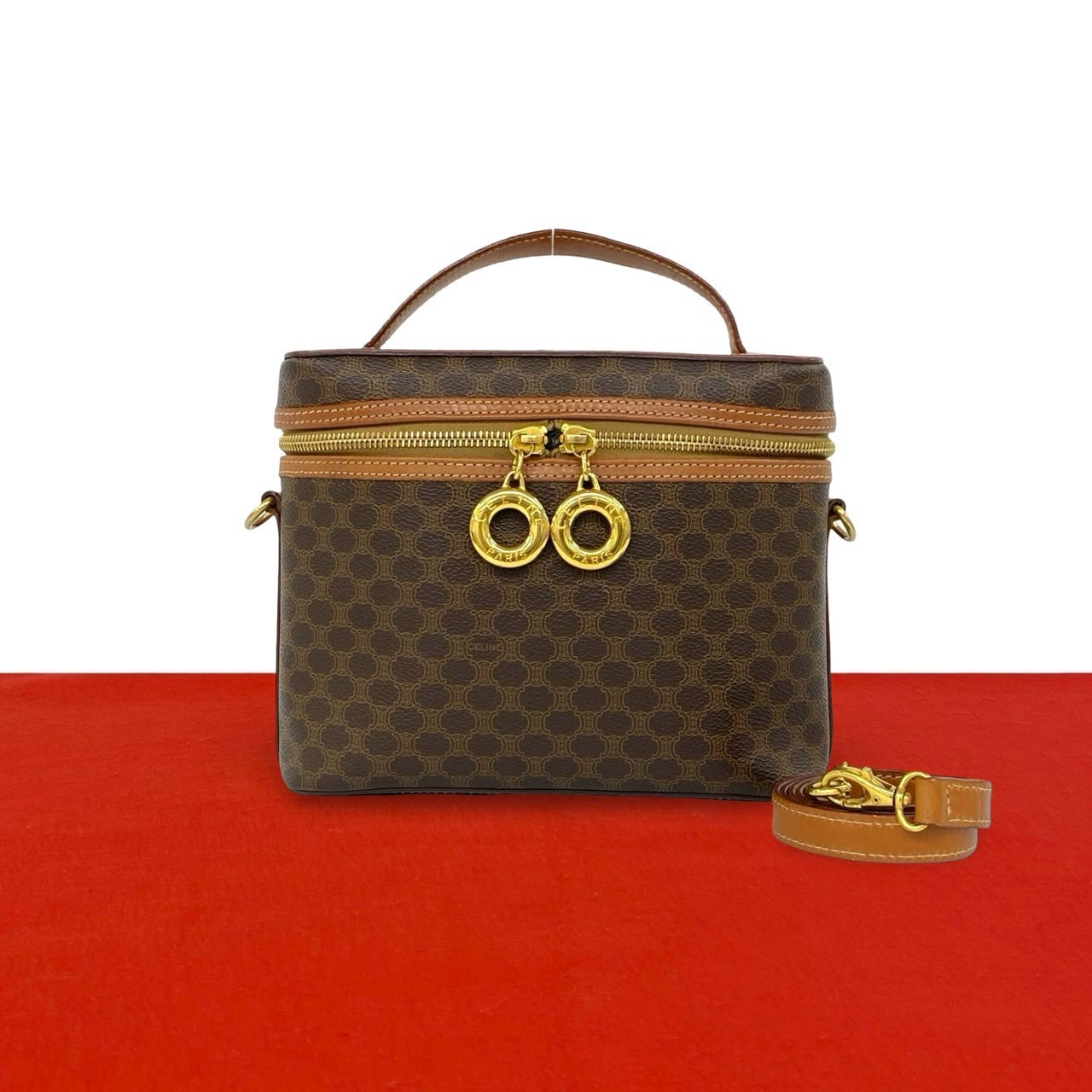 CELINE セリーヌ マカダム 柄 ロゴ リング 金具 PVC レザー ショルダーバッグ ブラウン
 99-10