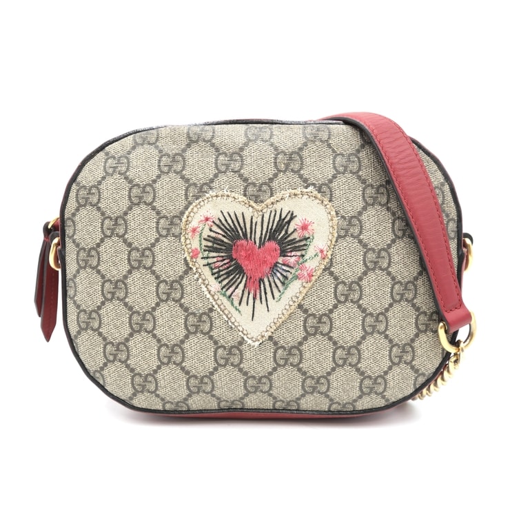 GUCCI(グッチ)GGスプリーム ハート刺繍 ミニチェーンショルダーバッグ カメラバッグ レッド ゴールド金具 409535 レディース【中古】