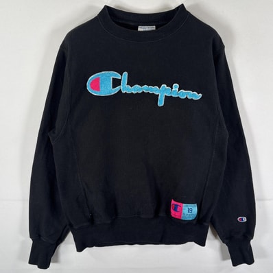 古着 チャンピオン Champion スウェット リバースウィーブ プルオーバー トレーナー クルーネック ロゴワッペン刺繍 SMALL ブラック メンズ