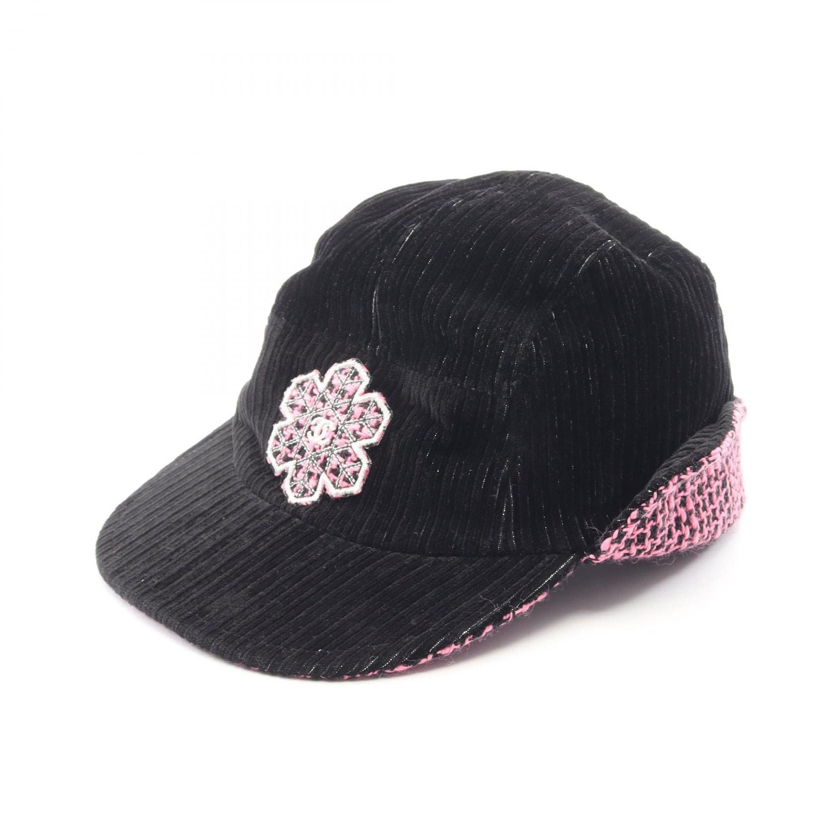 シャネル CHANEL ココマーク ツイード コーデュロイ キャップ 帽子 レーヨン / コットン レディース ブラック系 / ピンク系 【中古】