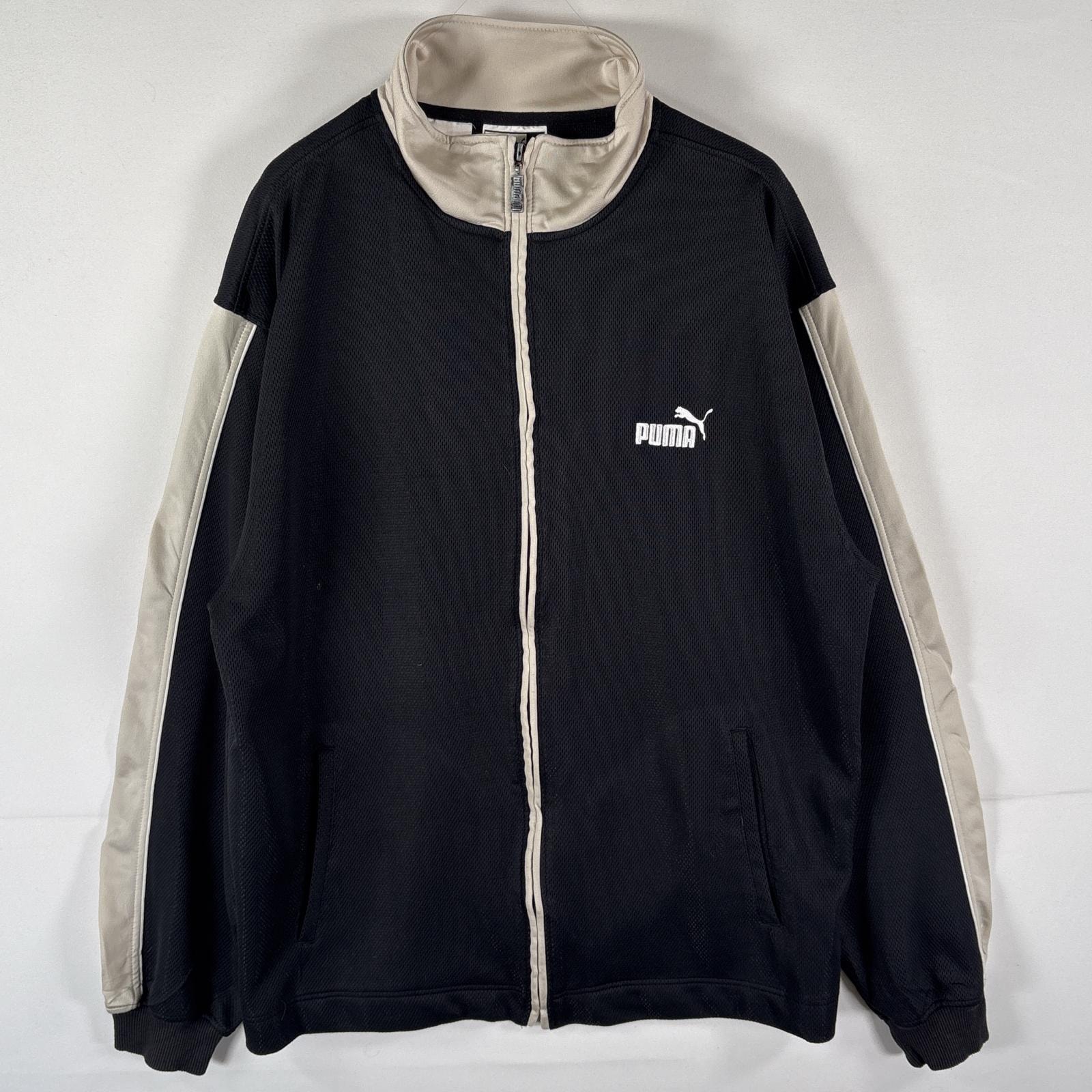 古着 プーマ PUMA トラックジャケット ジャージ ワンポイントロゴ刺繍 フルジップ メッシュ L  ブラック ツートン メンズ