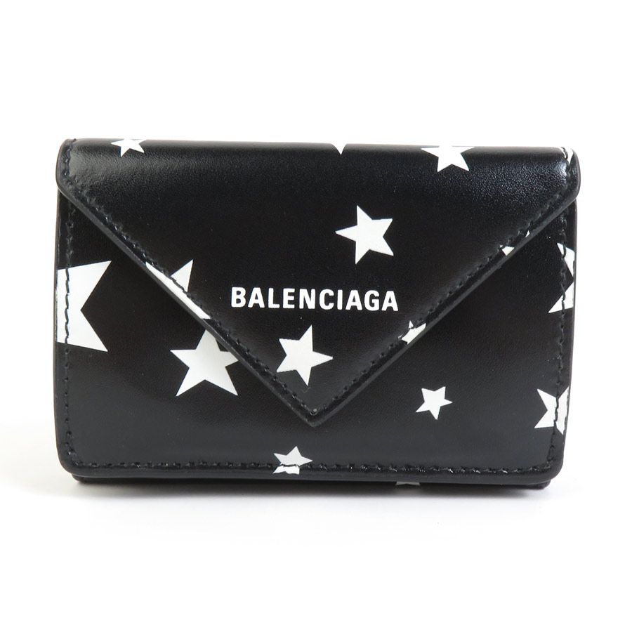 し*ん様 かなり美品！BALENCIAGA バレンシアガ　ブラックレザー三つ折り 目立った傷や汚れなし】バレンシアガ BALENCIAGA 三つ折り財布