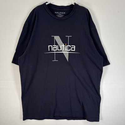 古着 ノーティカ NAUTICA 半袖Tシャツ ラバープリント ロゴ 大きいサイズ クルーネック XL ネイビー メンズ