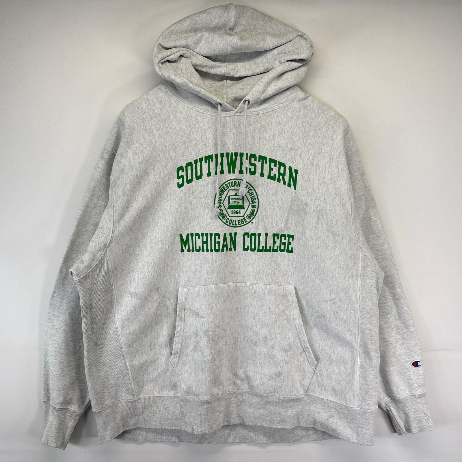 古着 チャンピオン Champion パーカー 大きいサイズ リバースウィーブ 3段プリント カレッジ ワンポイントロゴ 3XL  グレー系 メンズ