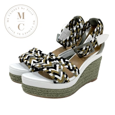 エルメス HERMES イネス サンダル 靴 シューズ レザー スエード カーキ ホワイト ブラック 編み込み ウェッジソール エスパドリーユ アンクルストラップ