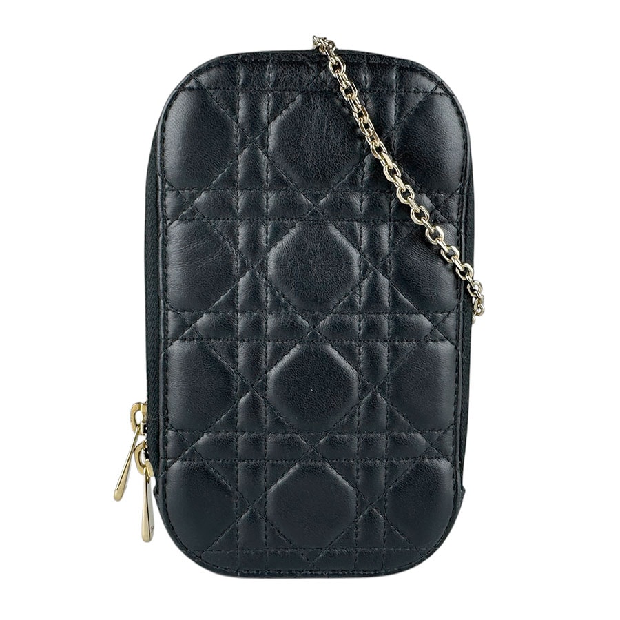 クリスチャンディオール Christian Dior スマートフォンケース フォンポーチ ラムスキン ブラック ゴールド レディース【中古】 z9108