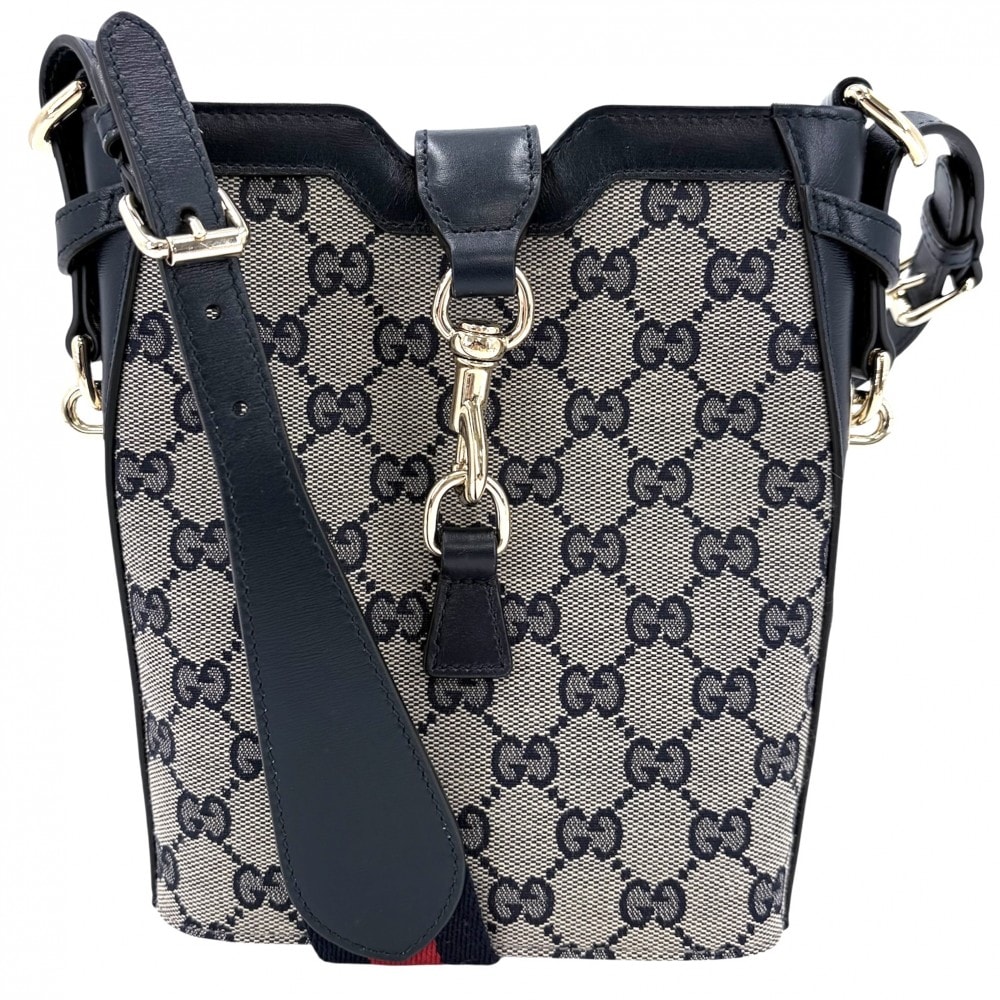 GUCCI グッチ ショルダーバッグ ミニバケット 肩掛け 斜め掛け 782919 GGキャンバス レザー ネイビー 紺 ゴールド金具 レディース【中古品】