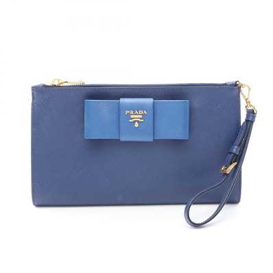 プラダ PRADA リボン ポーチ バッグ サフィアーノレザー レディース ネイビー系 【中古】