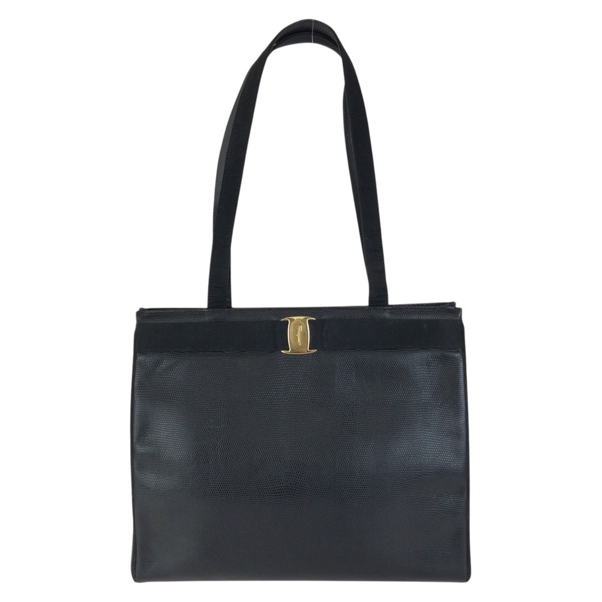 美品 Salvatore Ferragamo サルヴァトーレフェラガモ ヴァラ・リボン 型押し ブラック 黒 ゴールド金具 レザー ショルダーバッグ トートバッグ 604595 【中古】
