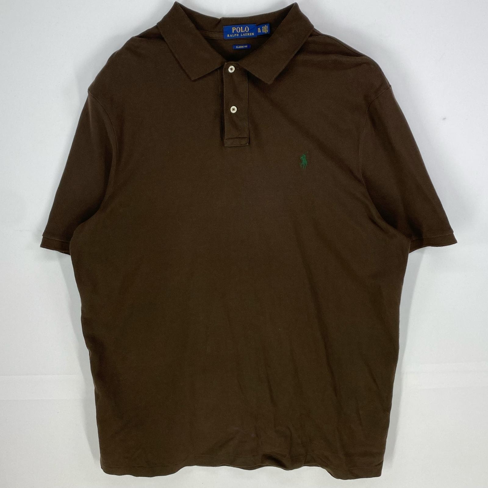 古着 ポロ・ラルフローレン POLO RALPH LAUREN 鹿の子 半袖シャツ ワンポイントロゴ刺繍 ポロシャツ XL ブラウン系 メンズ