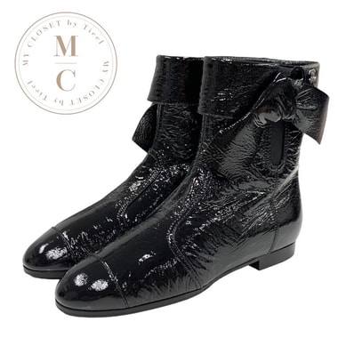 シャネル CHANEL ブーツ ショートブーツ 靴 シューズ パテント ブラック 黒 ココマーク シワ加工 サイドゴア リボン