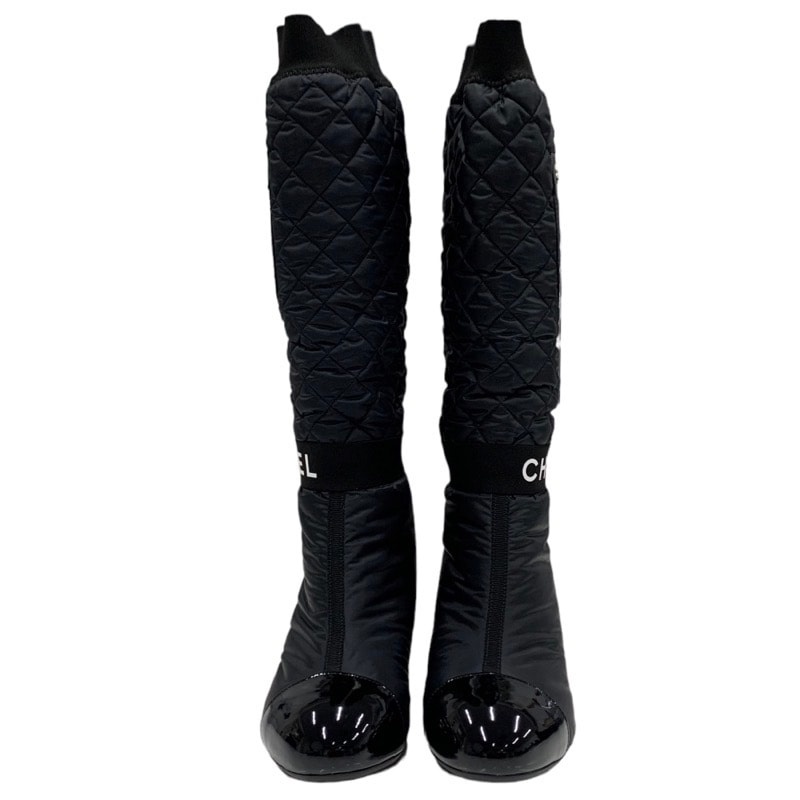 未使用 シャネル CHANEL ブーツ ロングブーツ ショートブーツ 2way ココマーク ロゴ マトラッセ ポケット メタリックヒール ブラック