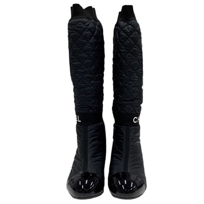 未使用 シャネル CHANEL ブーツ ロングブーツ ショートブーツ 2way ココマーク ロゴ マトラッセ ポケット メタリックヒール ブラック