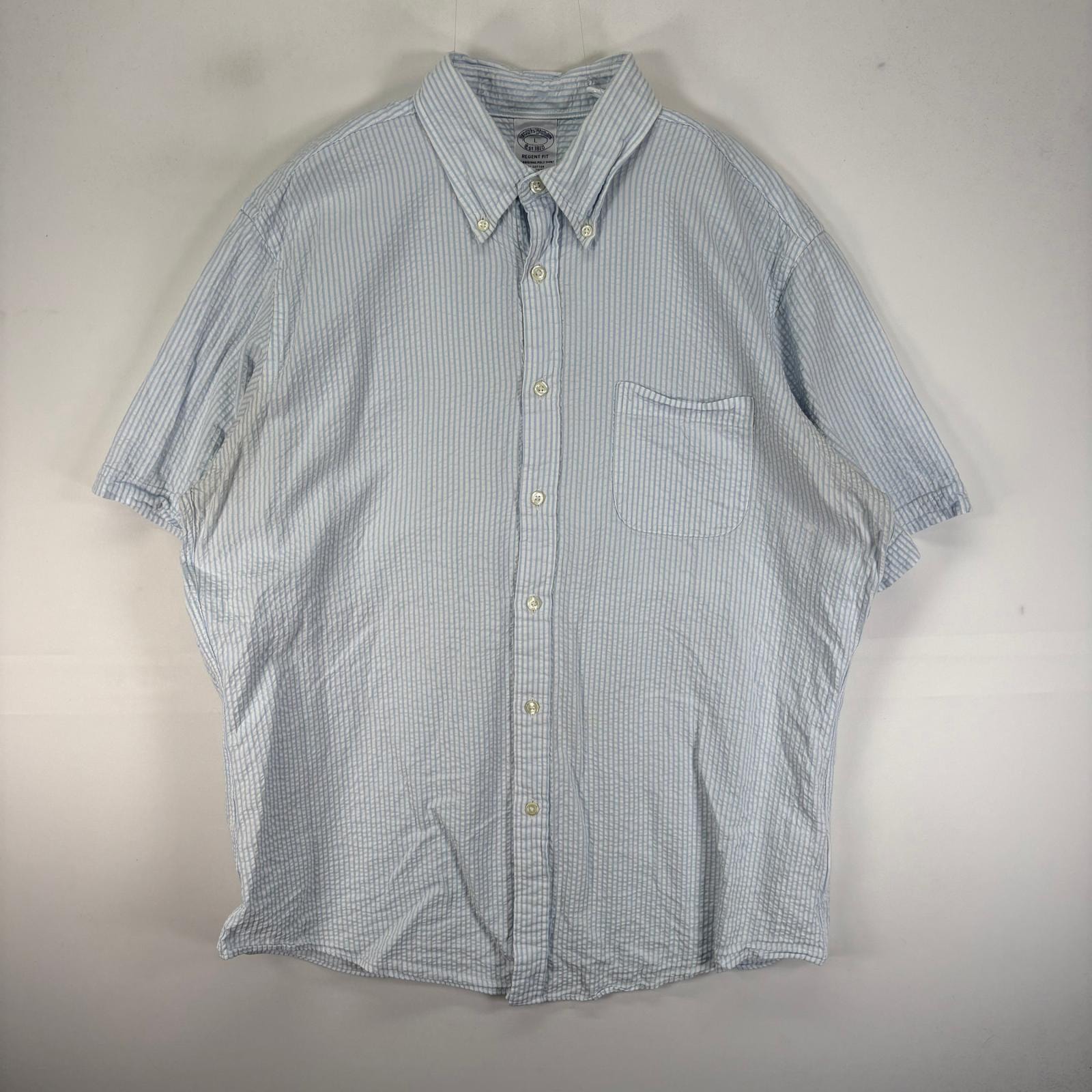 古着 ブルックスブラザーズ Brooks Brothers シアサッカー 半袖シャツ ボタンダウン 胸ポケット L  ブルー系 ストライプ メンズ