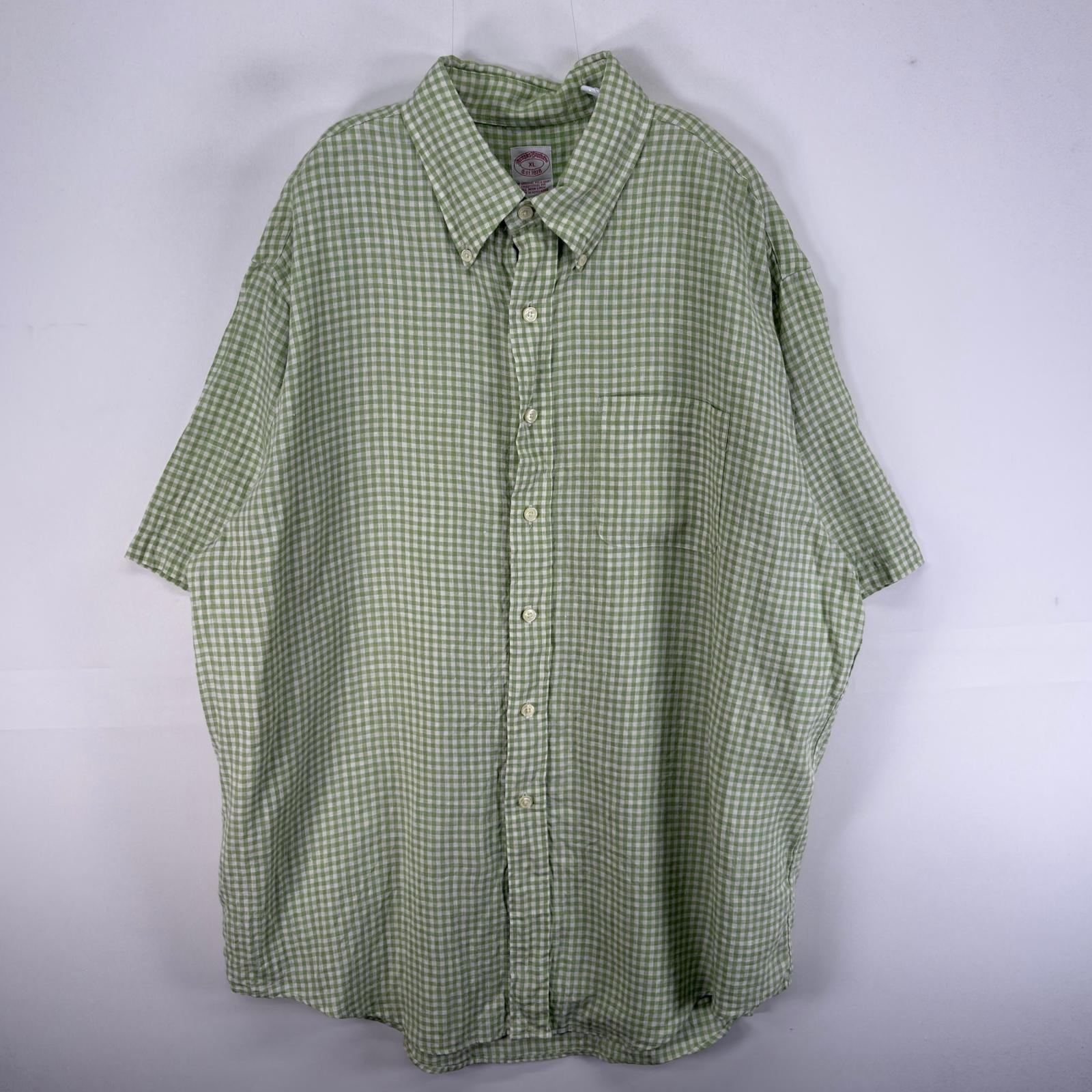 古着 ブルックスブラザーズ Brooks Brothers 半袖シャツ 胸ポケ 1818 リネン XL  グリーン系 チェック メンズ