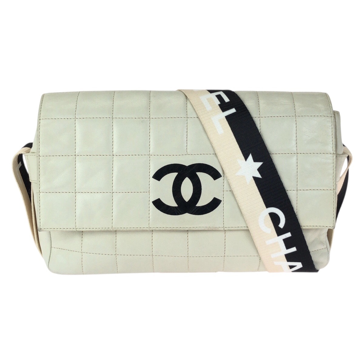 CHANEL シャネル ヴィンテージ チョコバー ココマーク オフホワイト ブラック ゴールド金具 ラムスキン ショルダーバッグ メッセンジャーバッグ 601584 【中古】