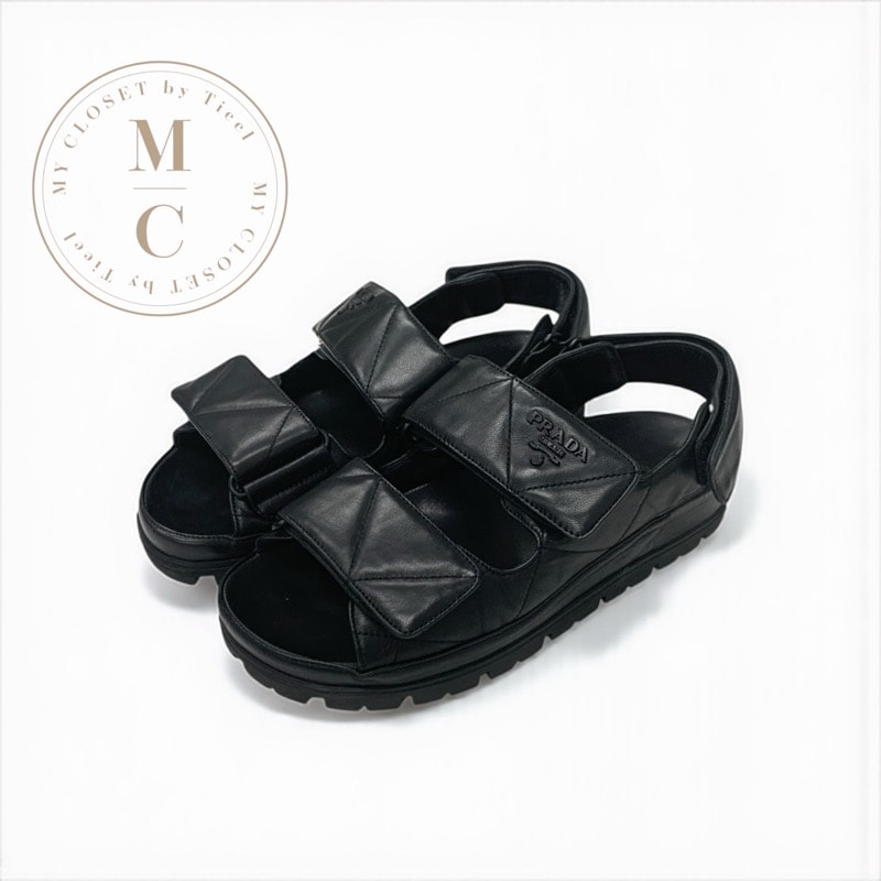 プラダ PRADA サンダル 靴 シューズ レザー ブラック 黒 ロゴ パデッドナッパ ベルクロ