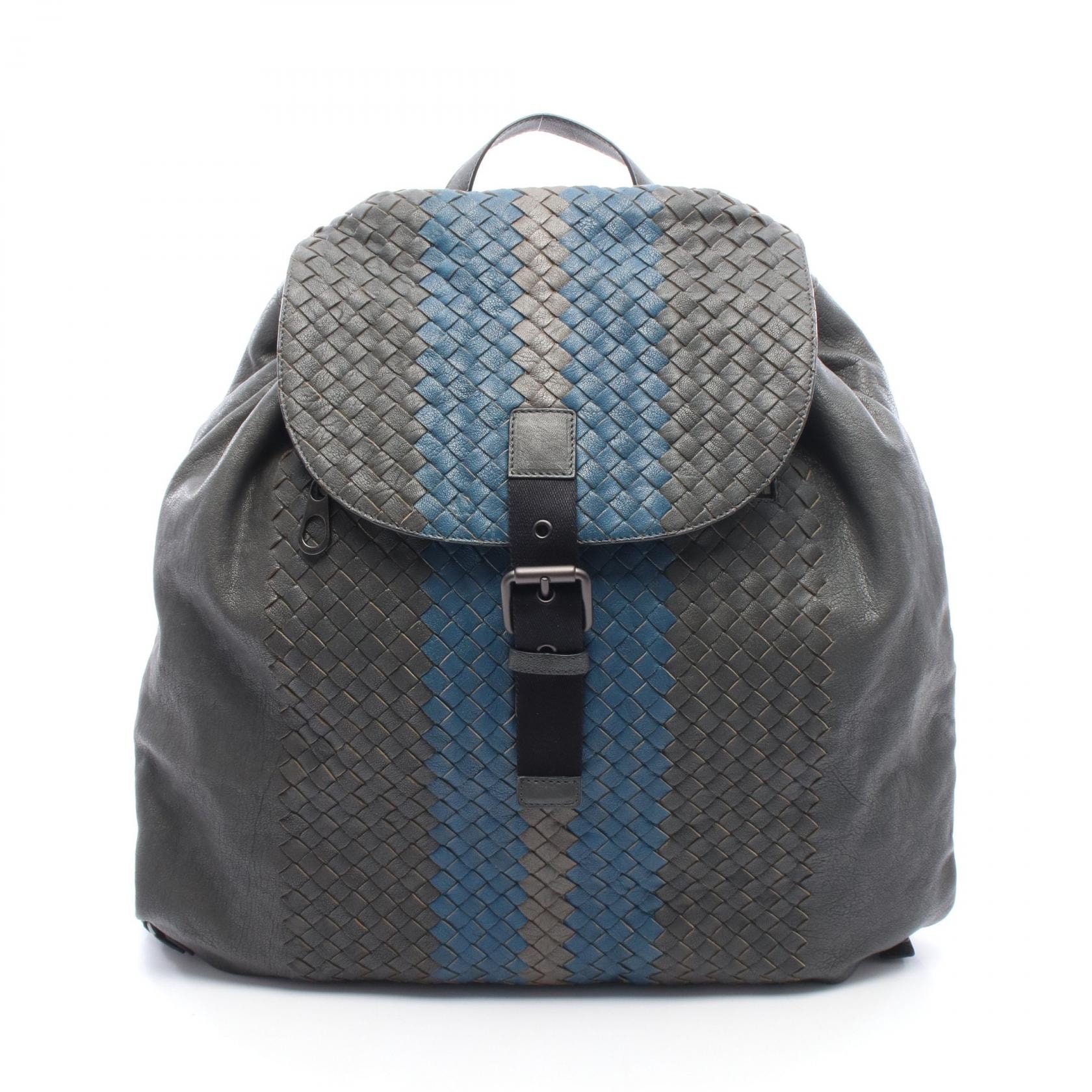 ボッテガヴェネタ BOTTEGA VENETA イントレチャート リュックサック バックパック バッグ レザー レディース グレー系 / ブルー系 【中古】