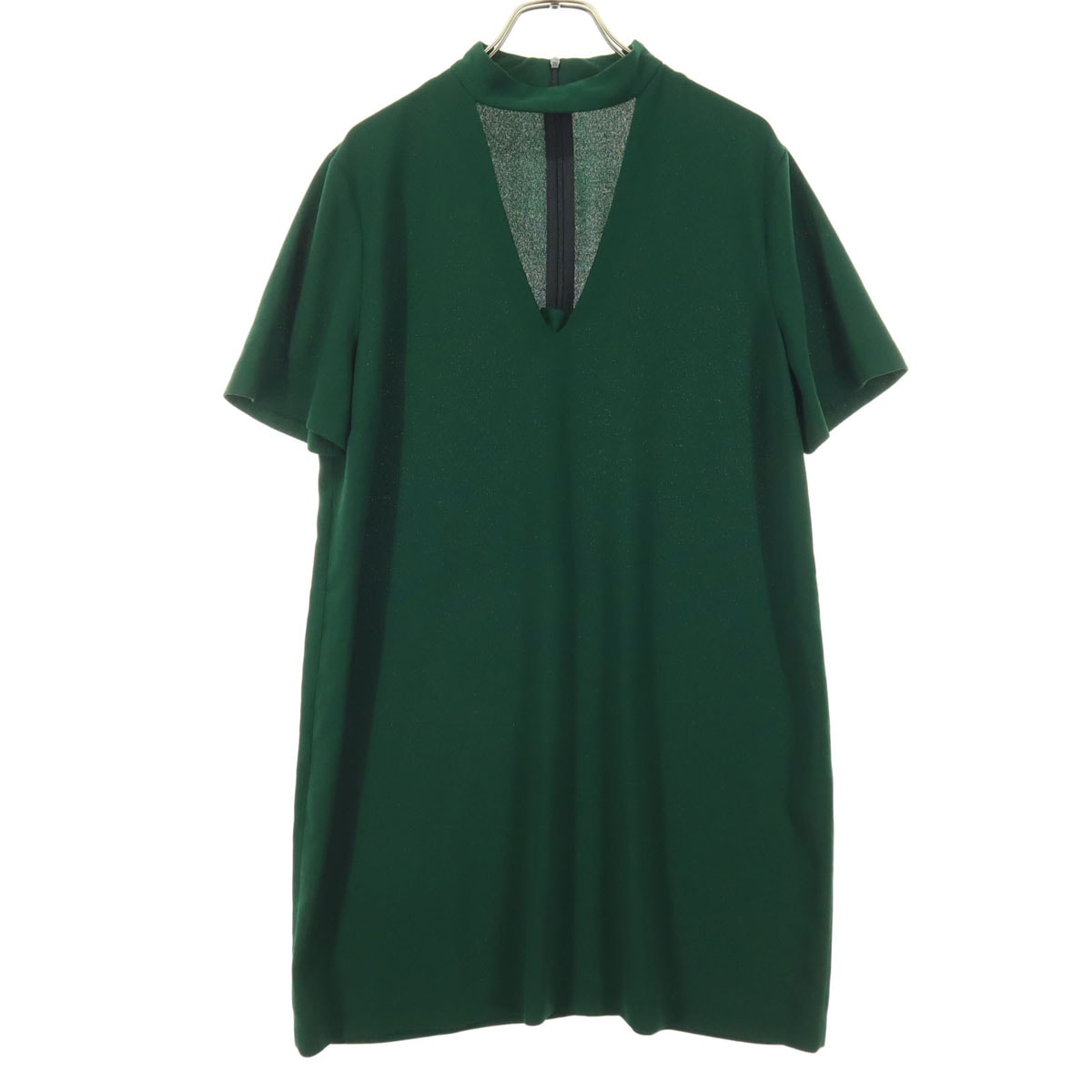 美品 ZARA WOMAN ザラウーマン 半袖 Vネック 膝丈ワンピース M グリーン バックジップ