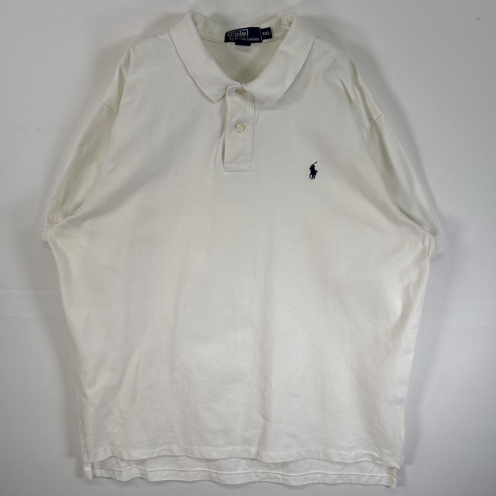 古着 90's/90年代 ポロバイラルフローレン Polo by Ralph Lauren 鹿の子 半袖 ポロシャツ ロゴ 刺繍 大きいサイズ 2ボタン 14041  ホワイト 無地 メンズ