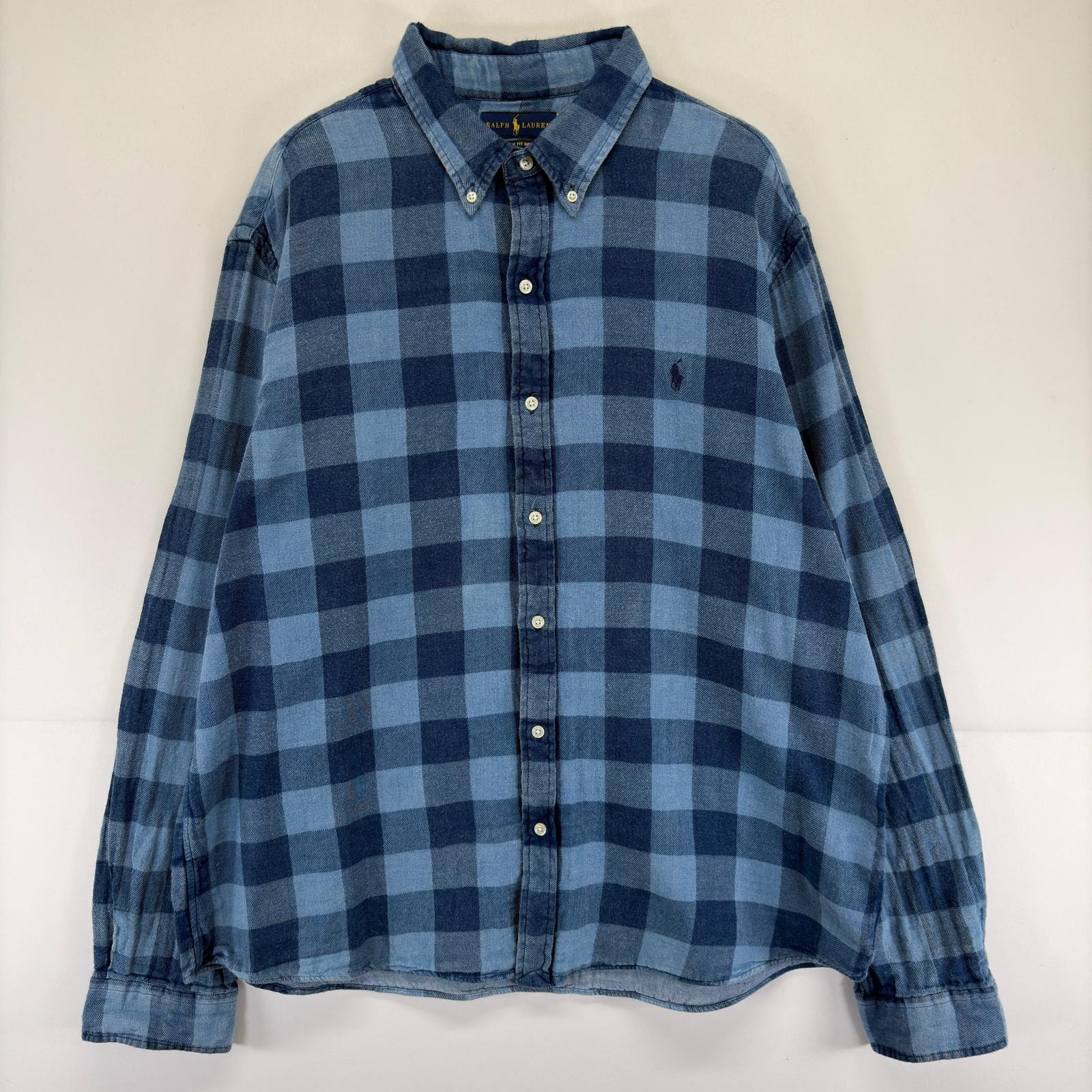 古着 ラルフローレン RALPH LAUREN 長袖シャツ ダブルガーゼ 大きいサイズ ロゴ ボタンダウン 刺繍 2XL  ブルー チェック メンズ
