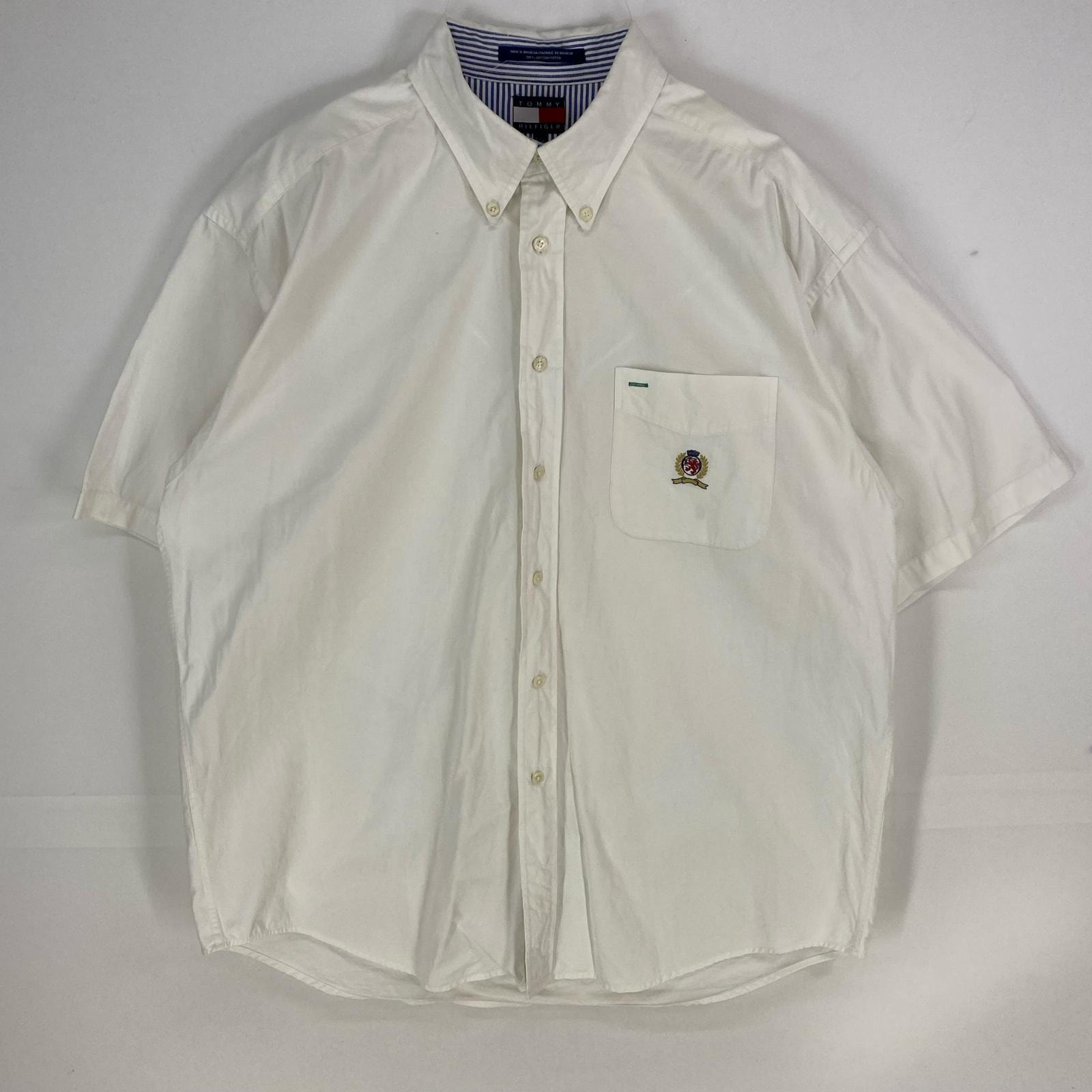 古着 90's/90年代 トミーヒルフィガー TOMMY HILFIGER 半袖シャツ ボタンダウン 胸ポケット 刺繍ロゴ L ホワイト系 メンズ