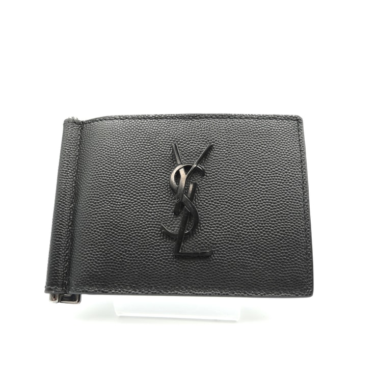 SAINT LAURENT(サンローラン)モノグラム マネークリップ ウォレット 二つ折り財布 ブラック レザー YSLロゴ シルバー金具 メンズ【中古】