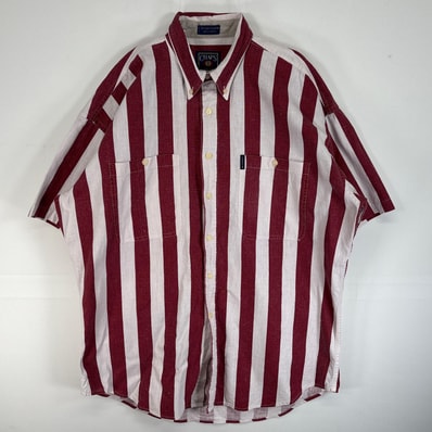 古着 80's~90's/80年代~90年代 ヴィンテージ チャップスラルフローレン CHAPS RALPHLAUREN 半袖シャツ リネン 肉厚 ワンポイント ロゴ L レッド系 ストライプ メンズ