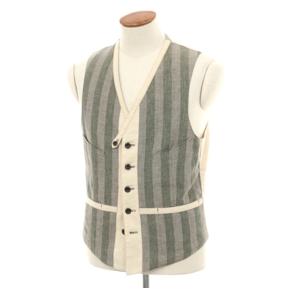 【中古】ポールスミスコレクション PAUL SMITH COLLECTION リネン ストライプ カジュアル系ジレ ベスト グレーxグリーン【サイズL】【メンズ】
